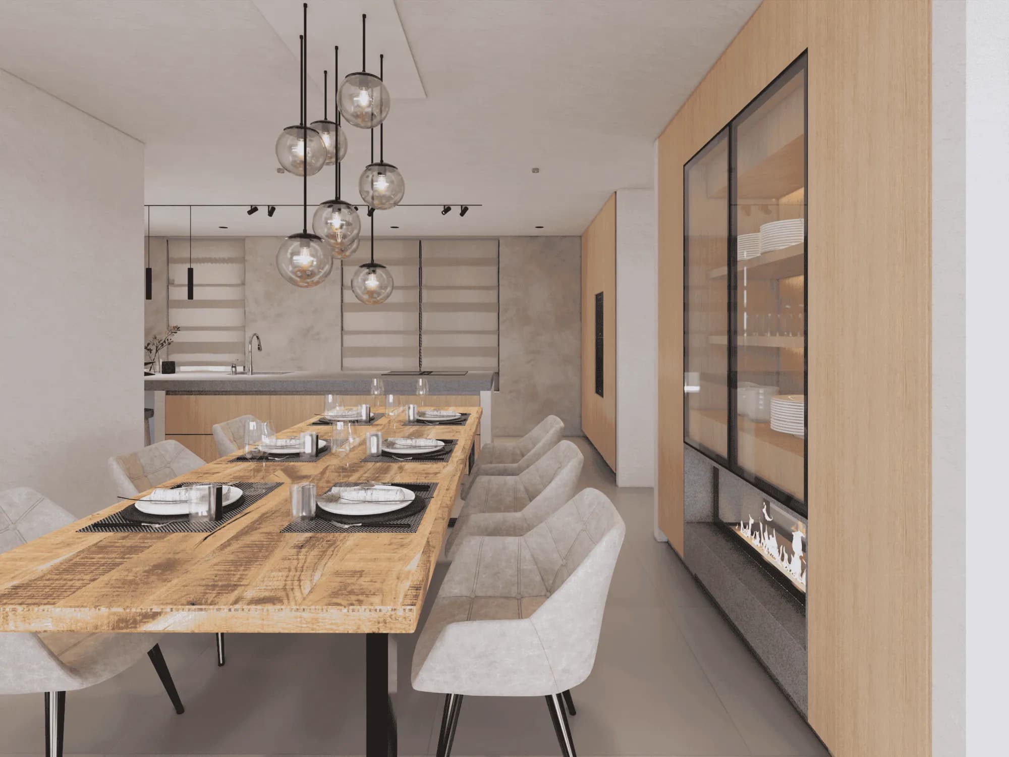 Eetkamer met houten tafel, hanglampen en een kastenwand in licht eiken