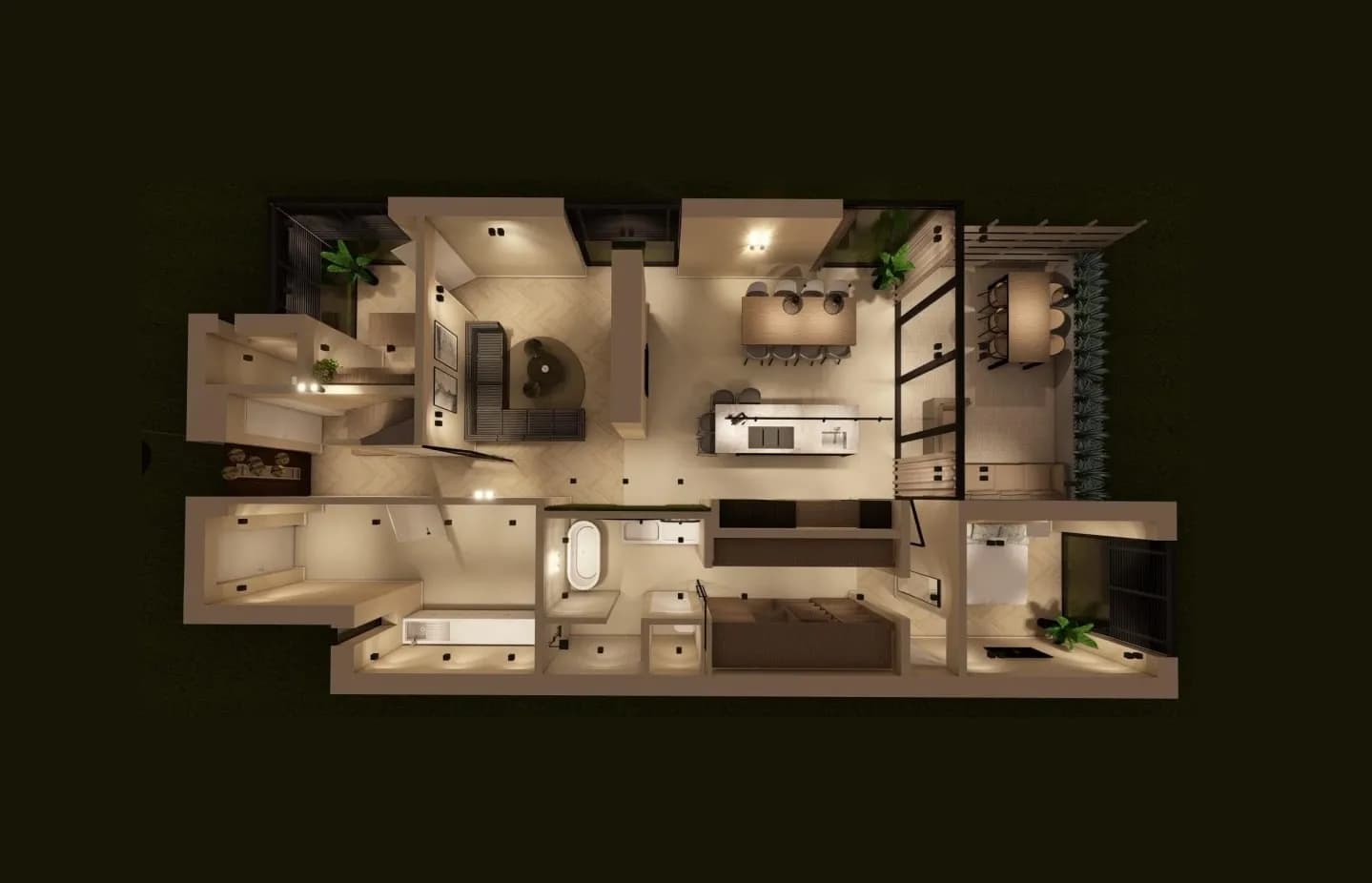 Bovenaanzicht van een woning met lichtplan